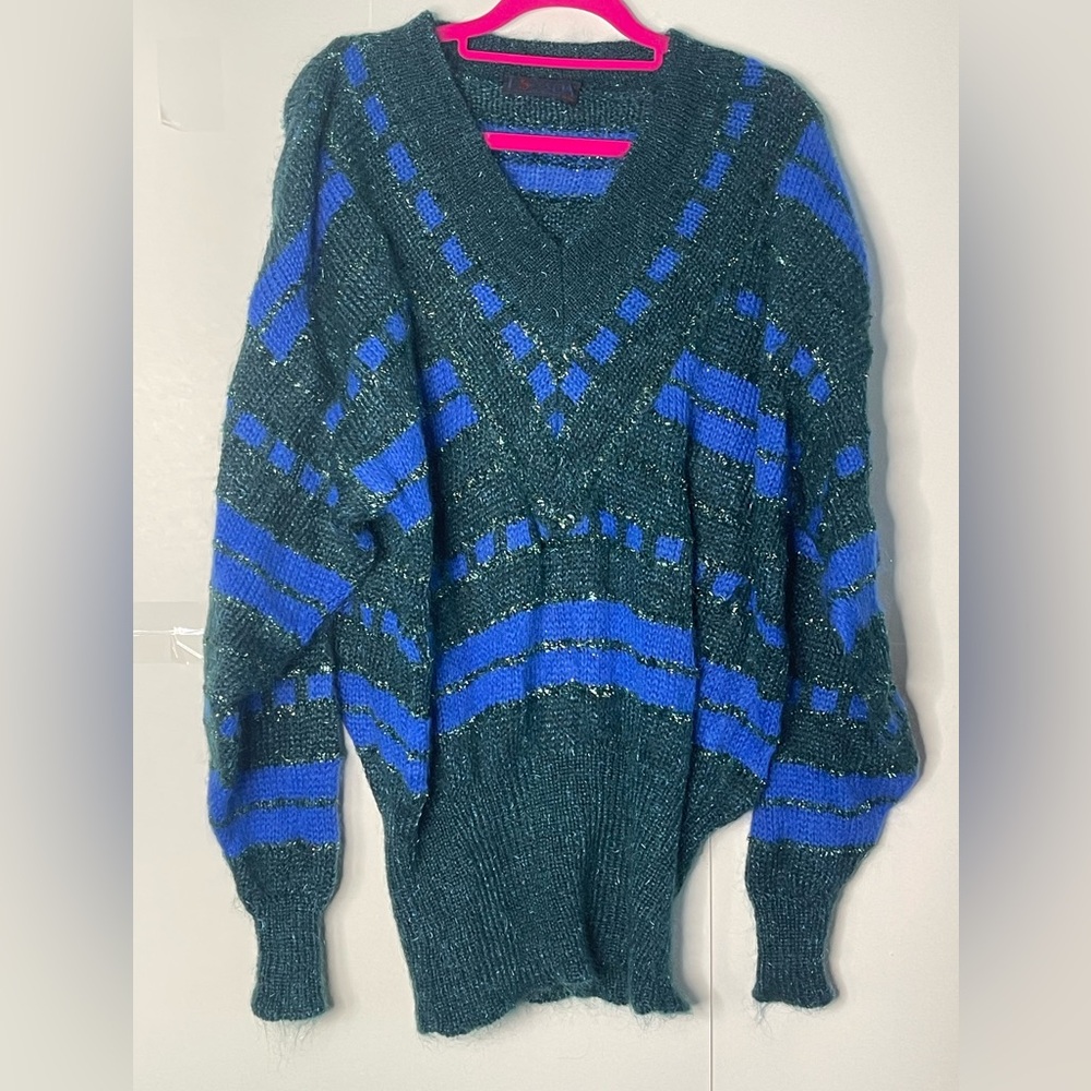 Escada green  and Blue Knit Sweater Sz large mohair and wool vintage 90s